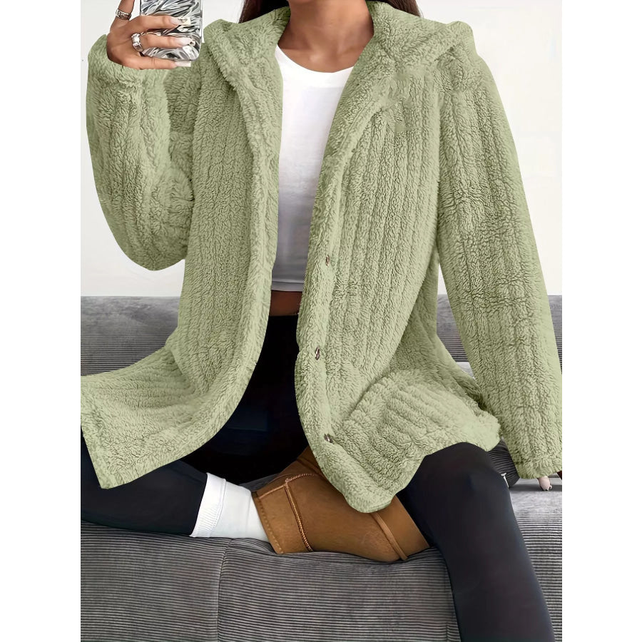 Full Size Fleece Button Up Hooded Outerwear Plus Size Apparel and Accessories