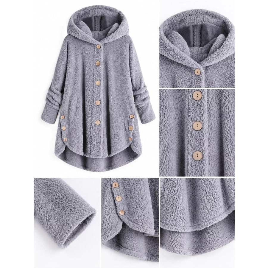 Full Size Fleece Button Up Hooded Outerwear Plus Apparel and Accessories