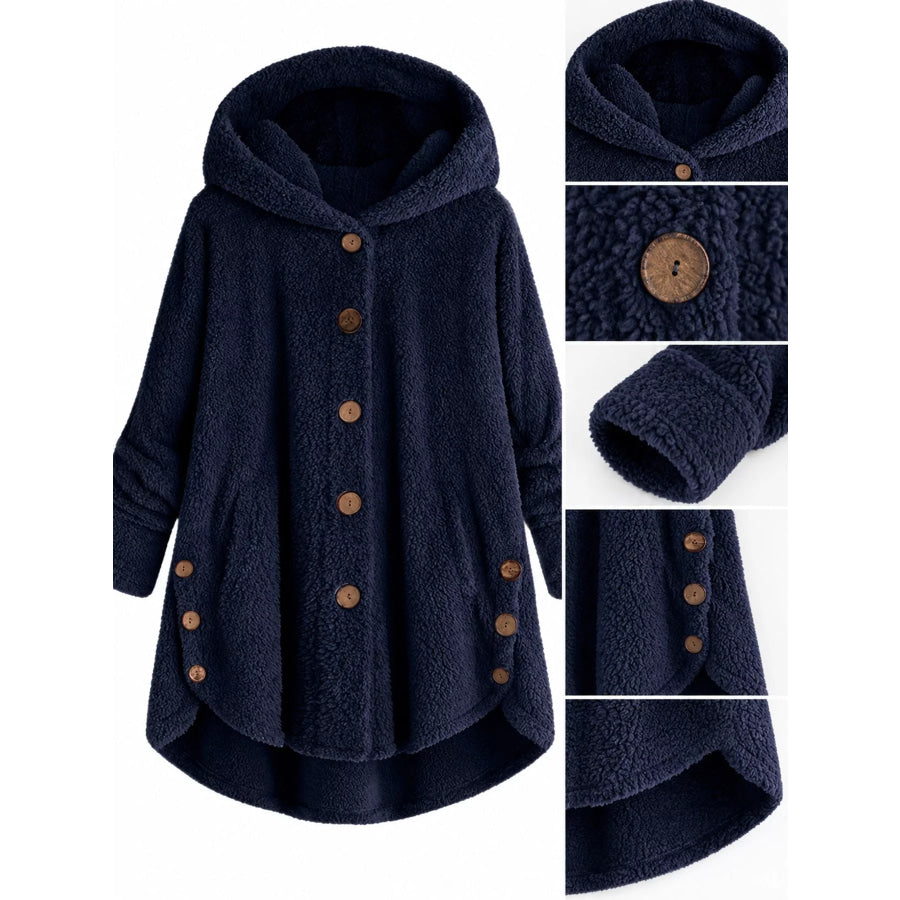 Full Size Fleece Button Up Hooded Outerwear Plus Apparel and Accessories