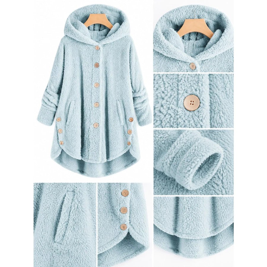 Full Size Fleece Button Up Hooded Outerwear Plus Apparel and Accessories