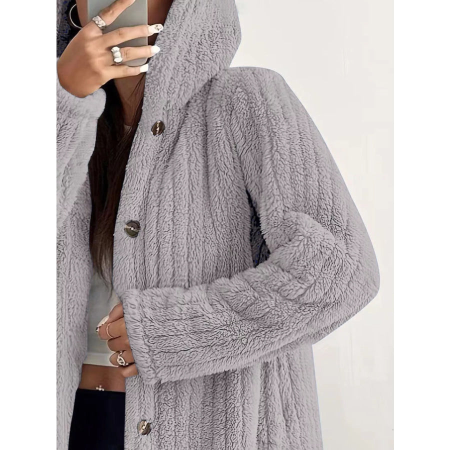 Full Size Fleece Button Up Hooded Outerwear Plus Size Apparel and Accessories