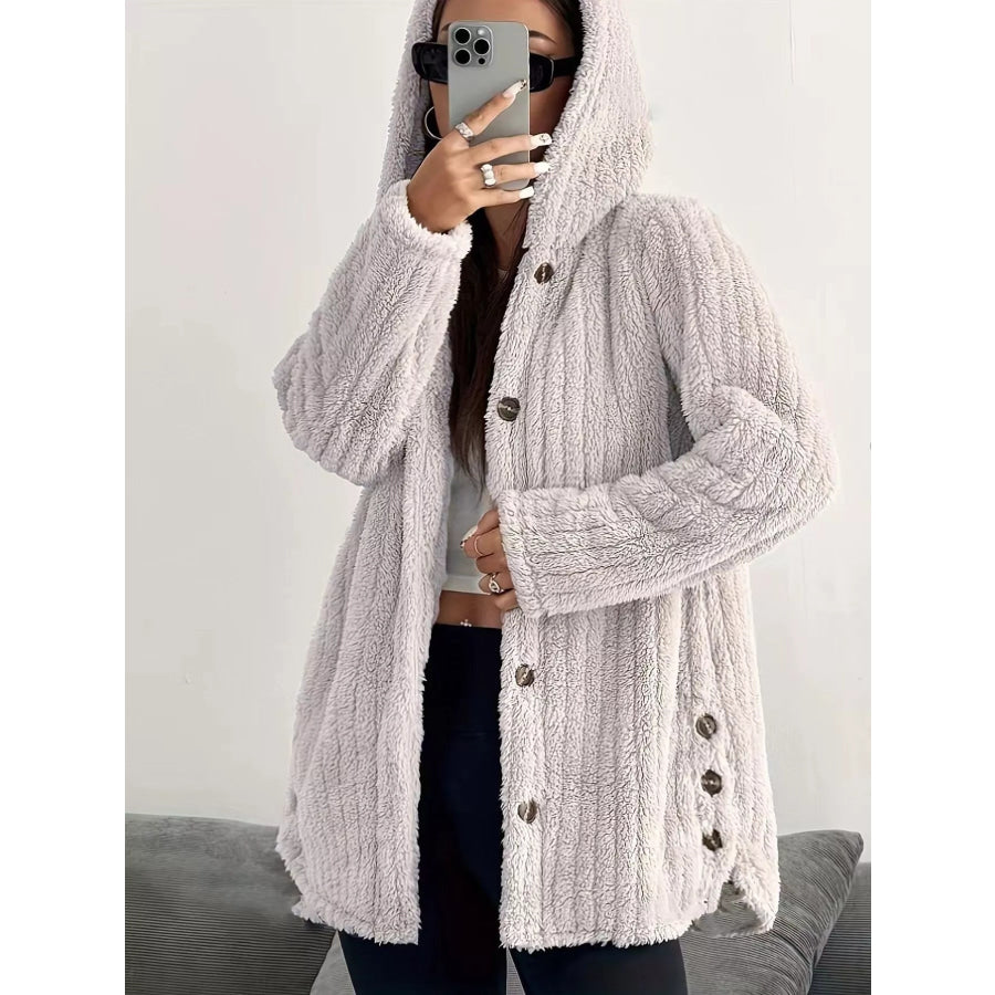 Full Size Fleece Button Up Hooded Outerwear Plus Size Apricot / S Apparel and Accessories