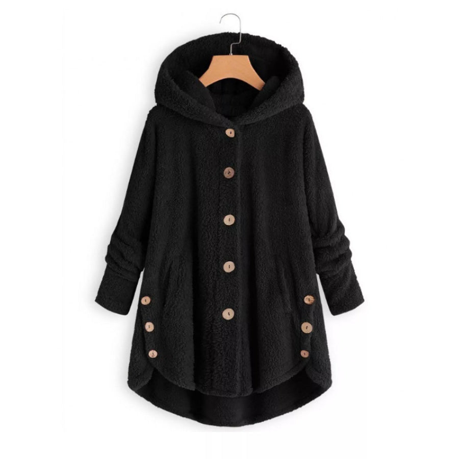 Full Size Fleece Button Up Hooded Outerwear Plus Black / S Apparel and Accessories