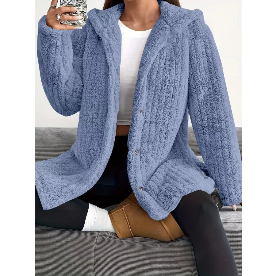 Full Size Fleece Button Up Hooded Outerwear Plus Size Blue / S Apparel and Accessories