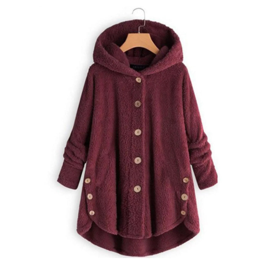 Full Size Fleece Button Up Hooded Outerwear Plus Burgundy / S Apparel and Accessories