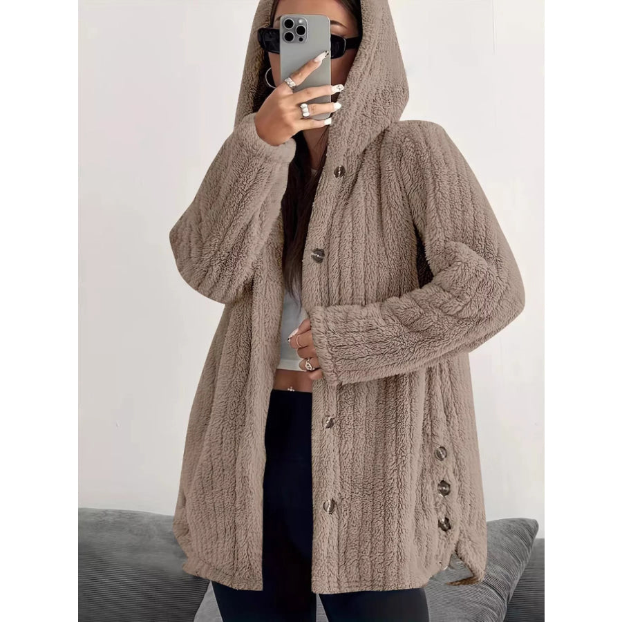 Full Size Fleece Button Up Hooded Outerwear Plus Size Camel / S Apparel and Accessories