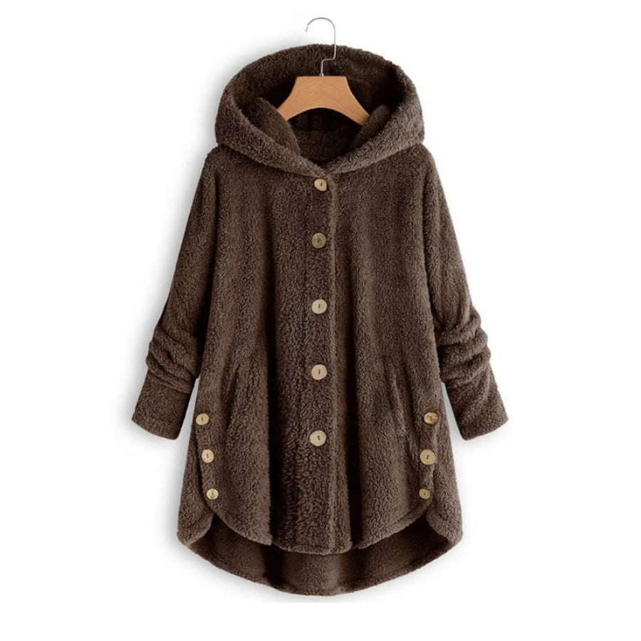 Full Size Fleece Button Up Hooded Outerwear Plus Coffee / S Apparel and Accessories