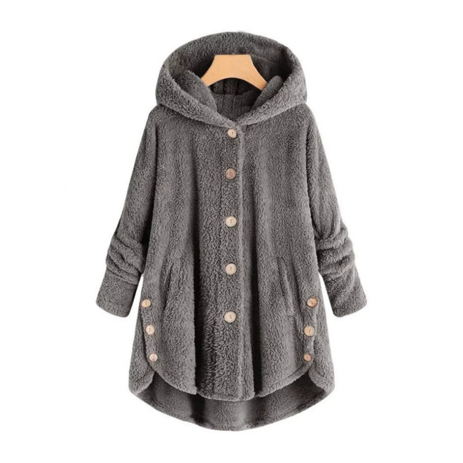 Full Size Fleece Button Up Hooded Outerwear Plus Dark Gray / S Apparel and Accessories
