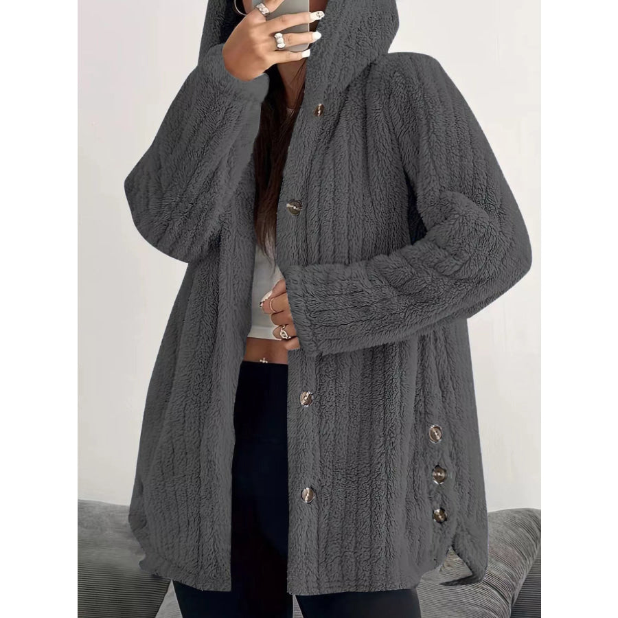 Full Size Fleece Button Up Hooded Outerwear Plus Size Dark Grey / S Apparel and Accessories