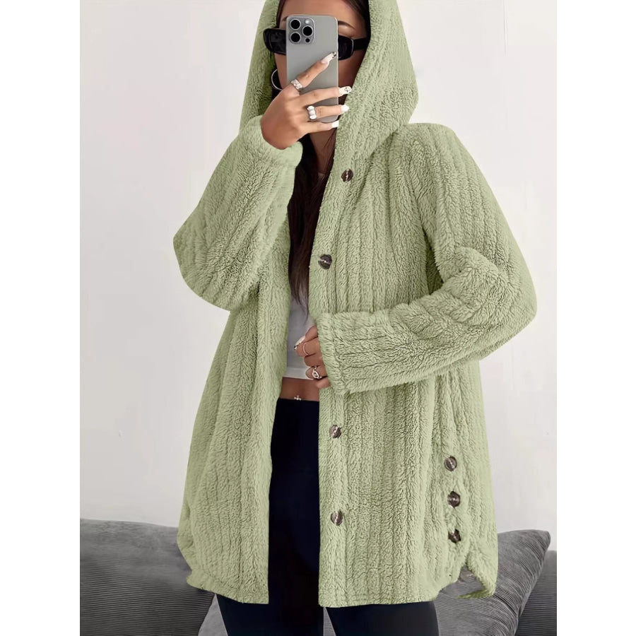 Full Size Fleece Button Up Hooded Outerwear Plus Size Green / S Apparel and Accessories