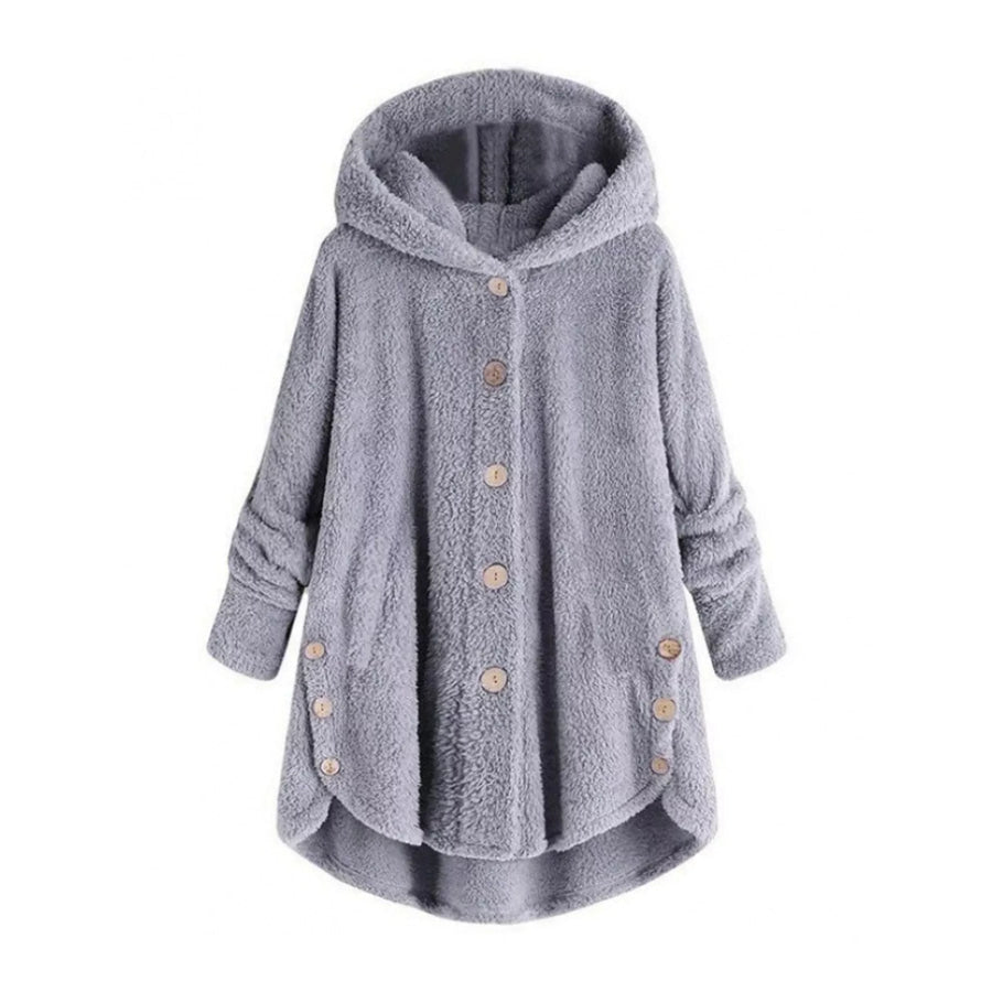 Full Size Fleece Button Up Hooded Outerwear Plus Light Gray / S Apparel and Accessories