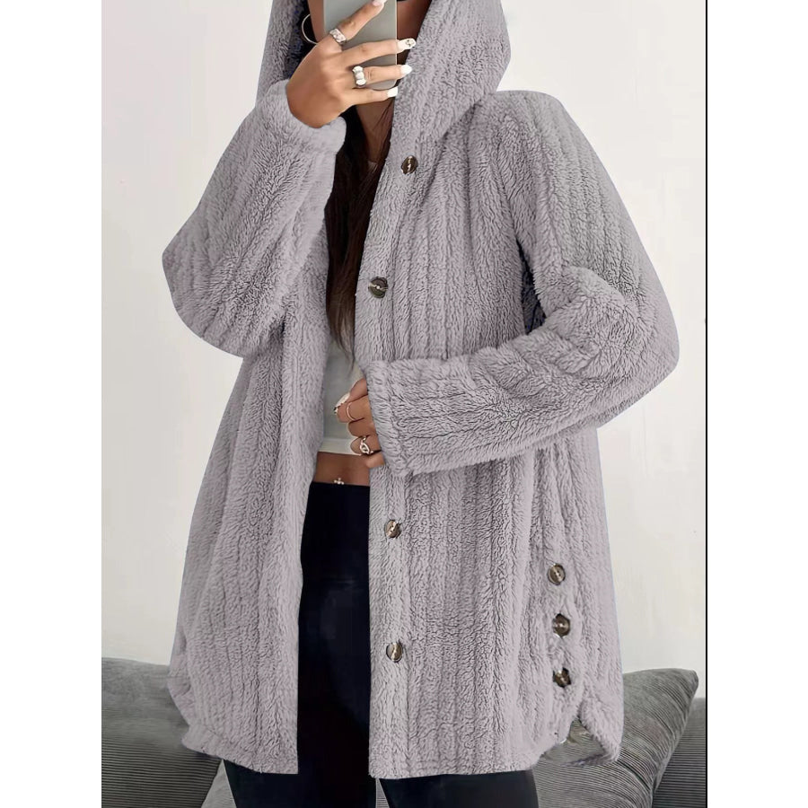 Full Size Fleece Button Up Hooded Outerwear Plus Size Light Grey / S Apparel and Accessories
