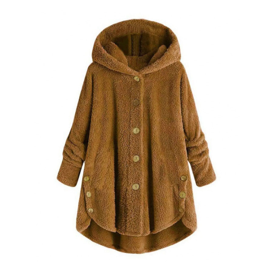 Full Size Fleece Button Up Hooded Outerwear Plus Mustard Yellow / S Apparel and Accessories