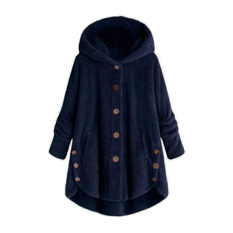 Full Size Fleece Button Up Hooded Outerwear Plus Navy / S Apparel and Accessories