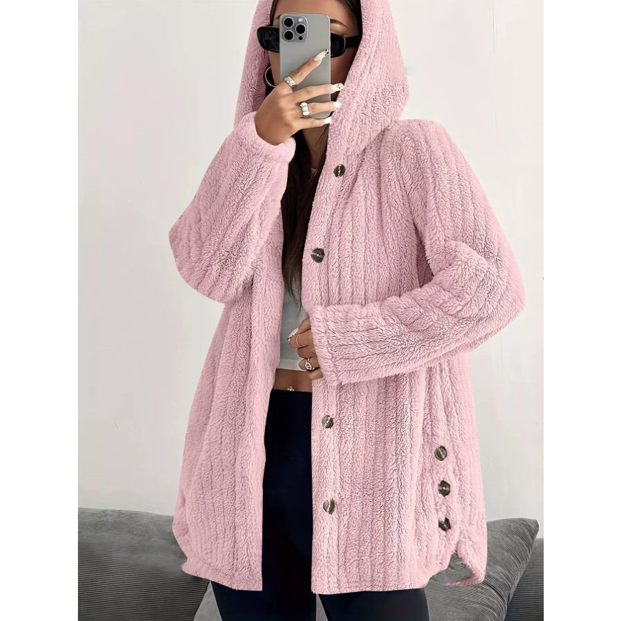 Full Size Fleece Button Up Hooded Outerwear Plus Size Pink / S Apparel and Accessories