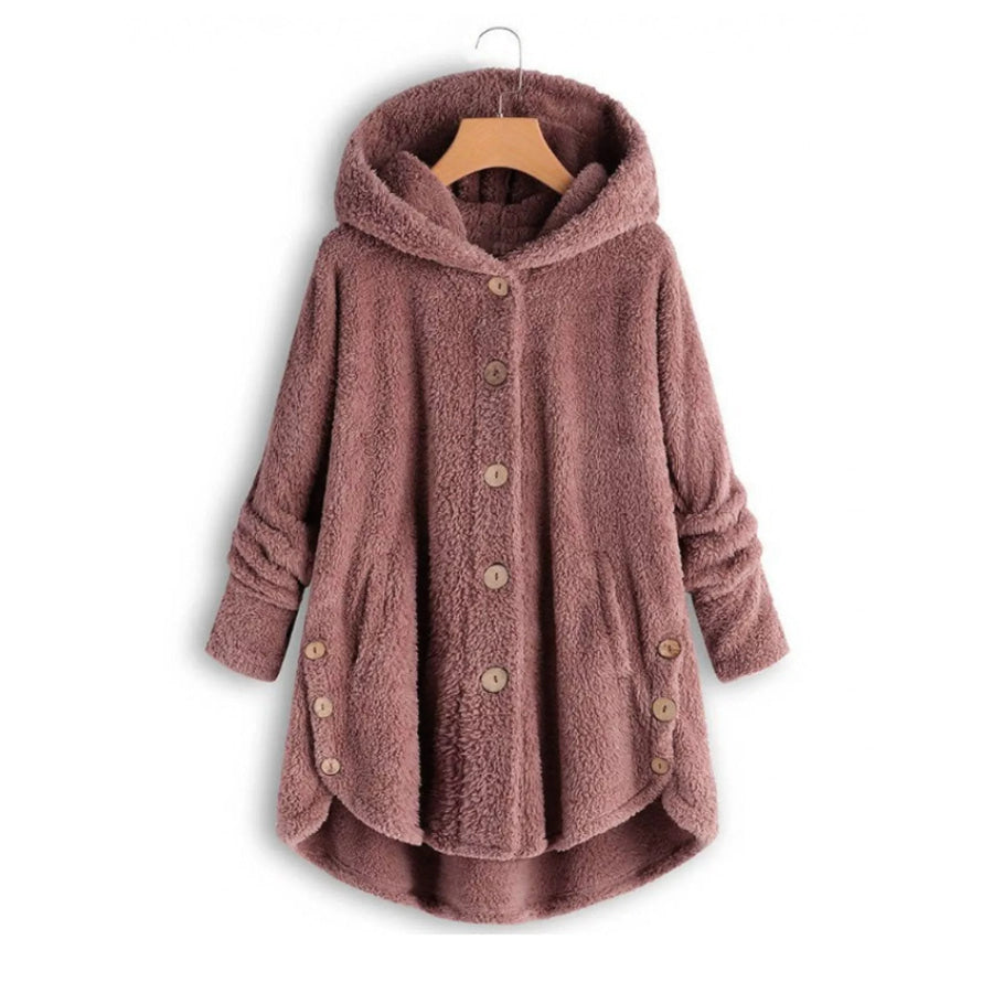 Full Size Fleece Button Up Hooded Outerwear Plus Pink / S Apparel and Accessories