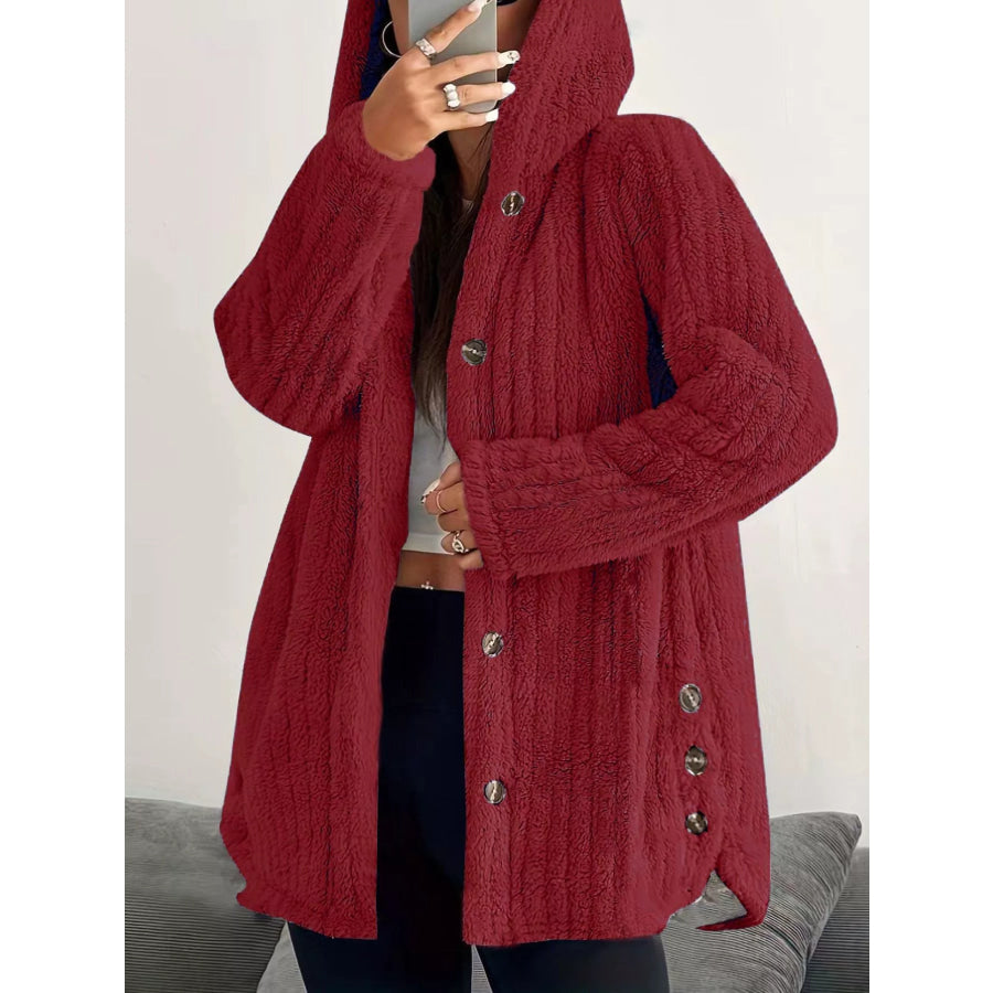Full Size Fleece Button Up Hooded Outerwear Plus Size Red / S Apparel and Accessories