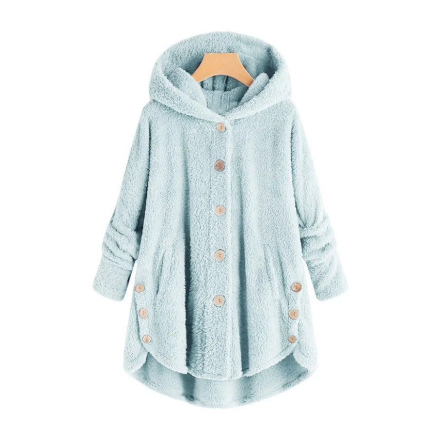 Full Size Fleece Button Up Hooded Outerwear Plus Sky Blue / S Apparel and Accessories