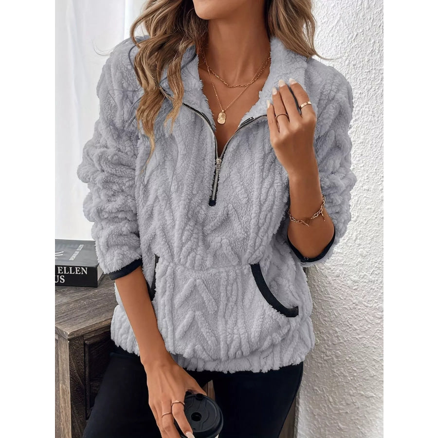 Full Size Fleece Half Zip Sweatshirt Plus Size Gray / S Apparel and Accessories