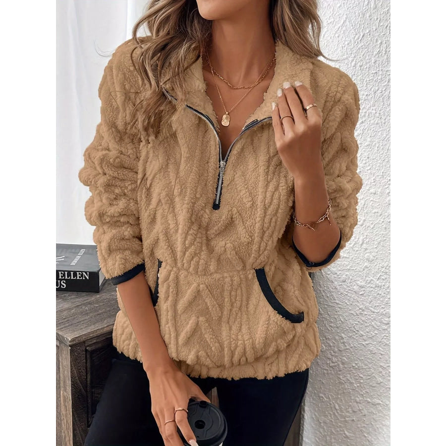 Full Size Fleece Half Zip Sweatshirt Plus Size Khaki / S Apparel and Accessories