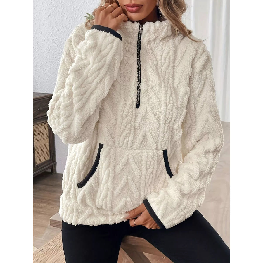 Full Size Fleece Half Zip Sweatshirt Plus Size White / S Apparel and Accessories