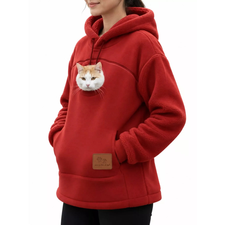 Full Size Fleece Pet-Carrying Hoodie with Cat Pouch Plus Red / S Apparel and Accessories