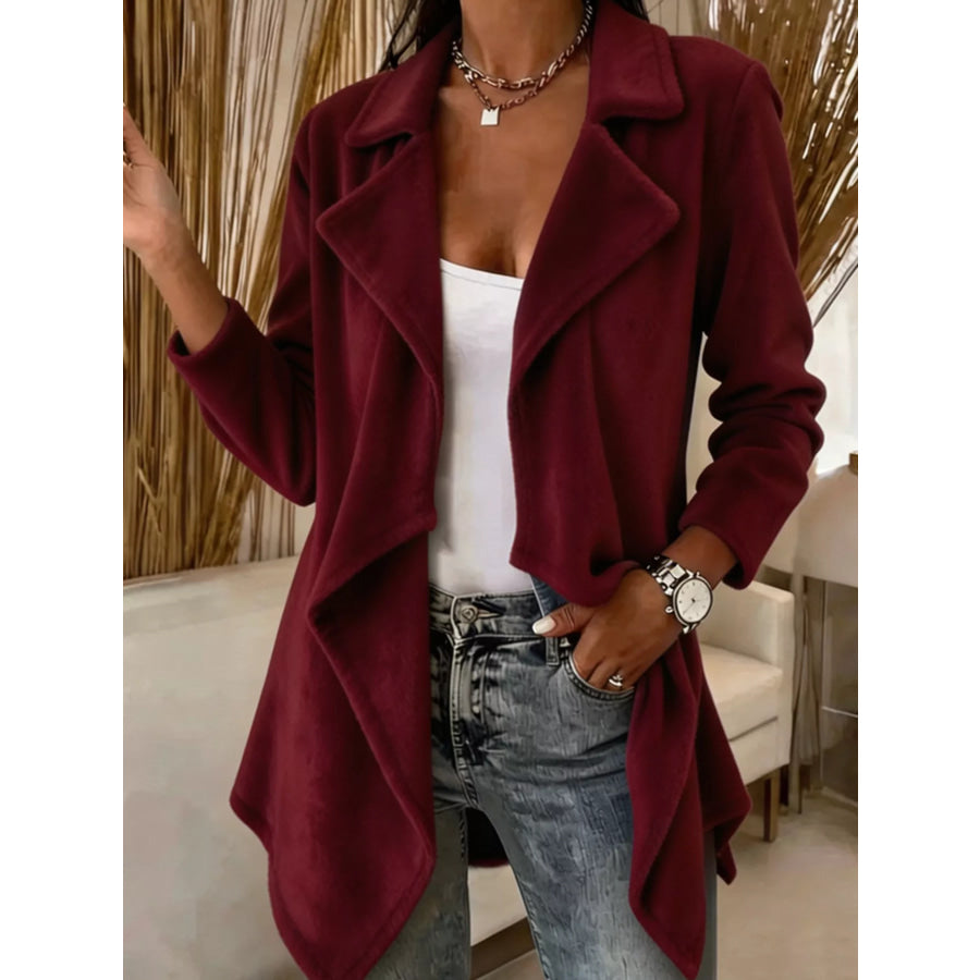 Full Size Fleece Waterfall Collar Outerwear Plus Burgundy / S Apparel and Accessories
