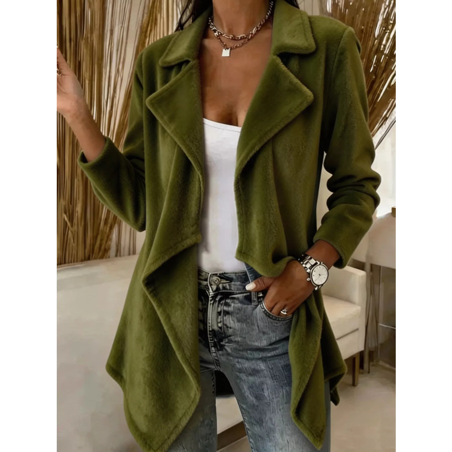 Full Size Fleece Waterfall Collar Outerwear Plus Green / S Apparel and Accessories