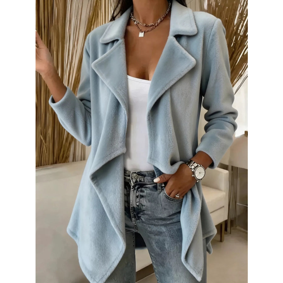 Full Size Fleece Waterfall Collar Outerwear Plus Sky Blue / S Apparel and Accessories