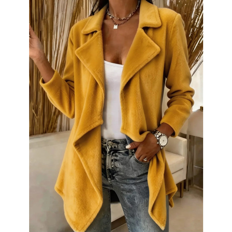 Full Size Fleece Waterfall Collar Outerwear Plus Yellow / S Apparel and Accessories