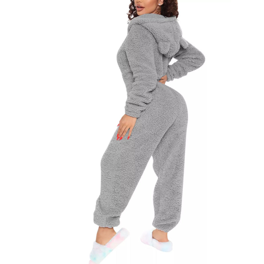 Full Size Fleece Zip-Up Hooded Jumpsuit Plus Size Apparel and Accessories