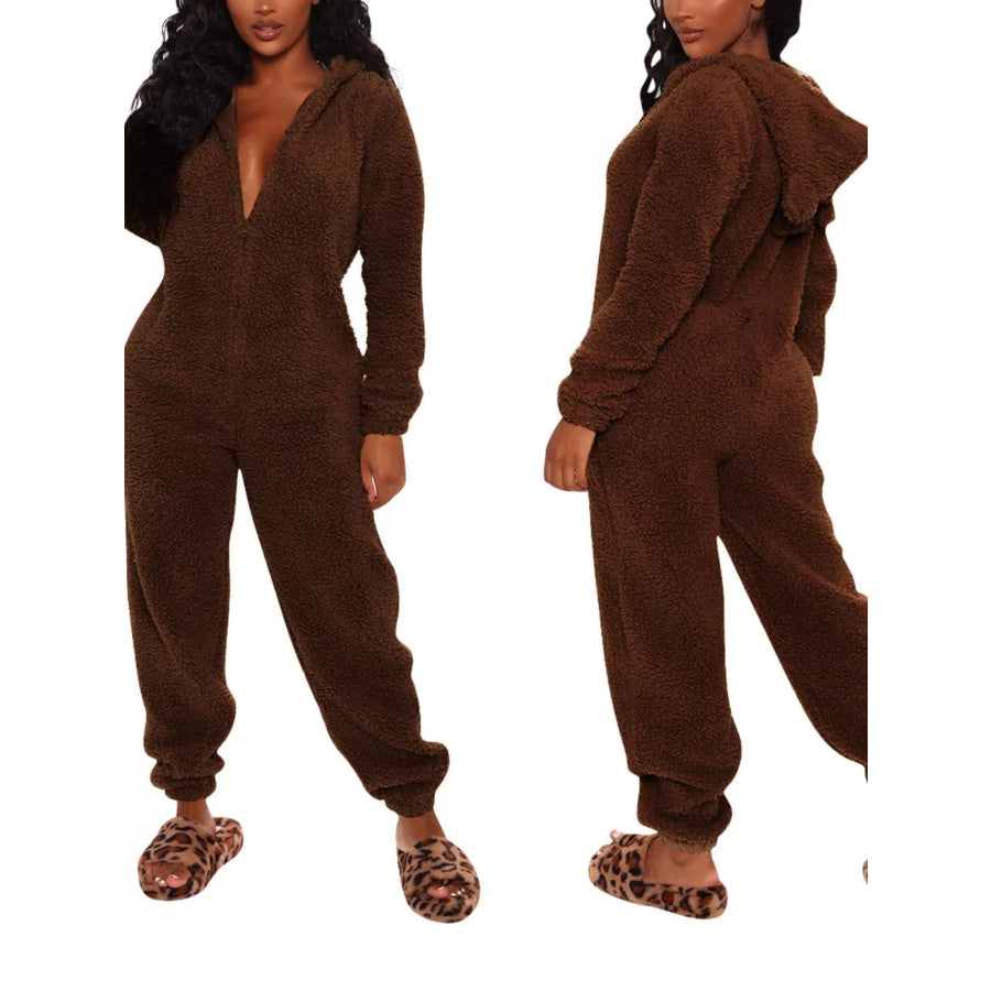 Full Size Fleece Zip-Up Hooded Jumpsuit Plus Size Apparel and Accessories