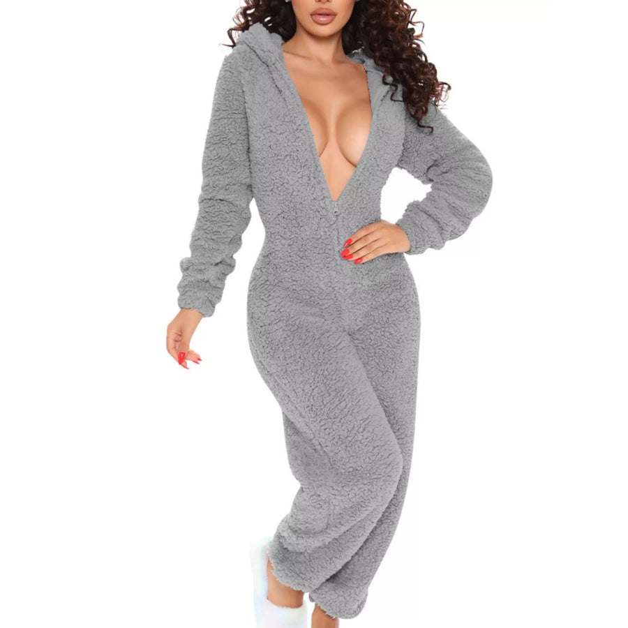 Full Size Fleece Zip-Up Hooded Jumpsuit Plus Size Apparel and Accessories