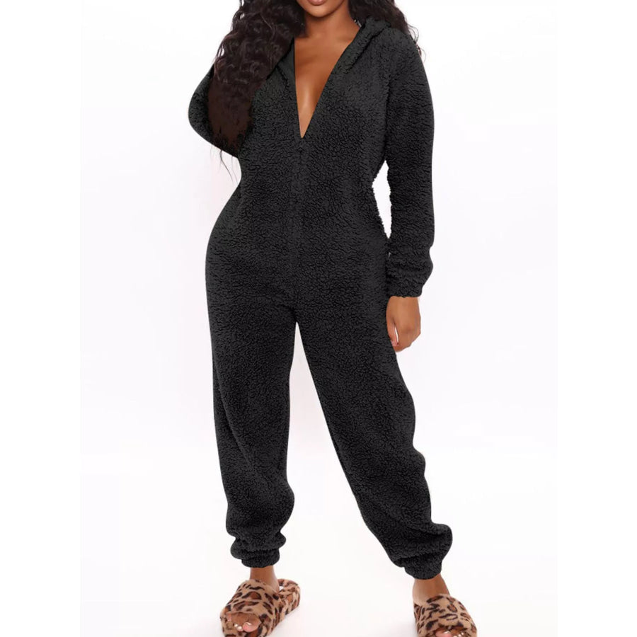 Full Size Fleece Zip-Up Hooded Jumpsuit Plus Size Black / S Apparel and Accessories