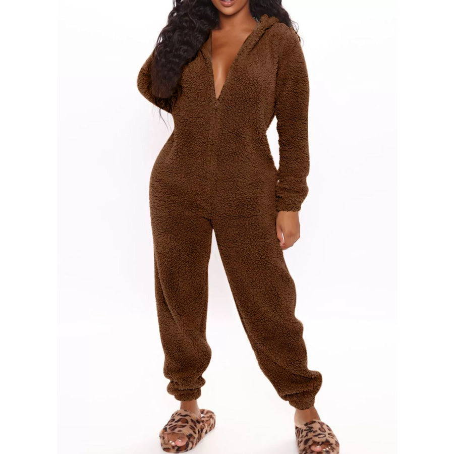 Full Size Fleece Zip-Up Hooded Jumpsuit Plus Size Coffee / S Apparel and Accessories