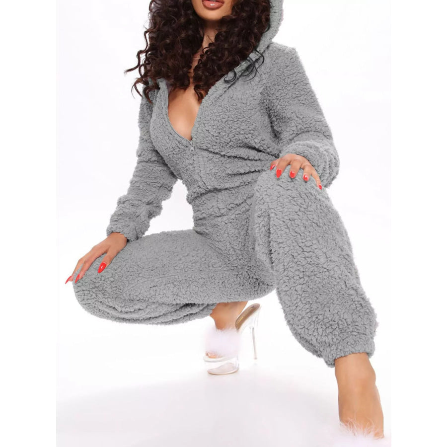 Full Size Fleece Zip-Up Hooded Jumpsuit Plus Size Grey / S Apparel and Accessories