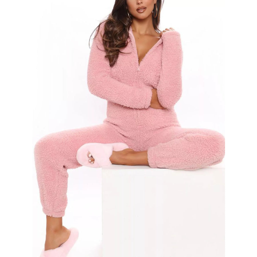 Full Size Fleece Zip-Up Hooded Jumpsuit Plus Size Pink / S Apparel and Accessories