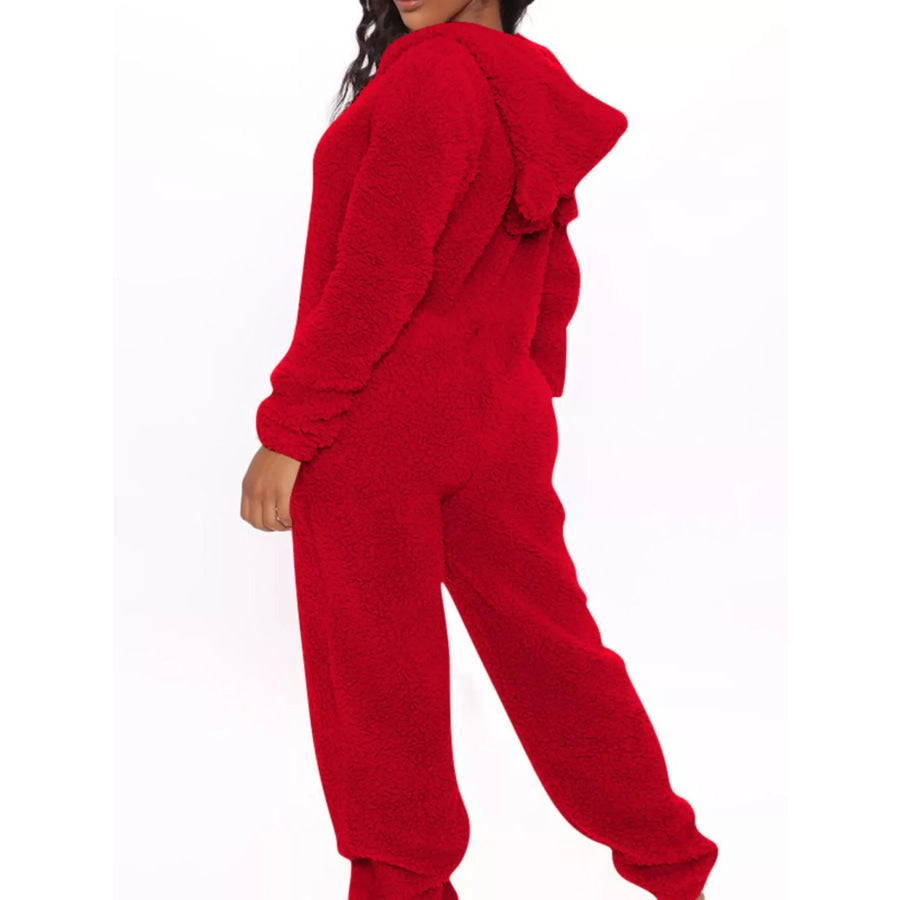 Full Size Fleece Zip-Up Hooded Jumpsuit Plus Size Red / S Apparel and Accessories