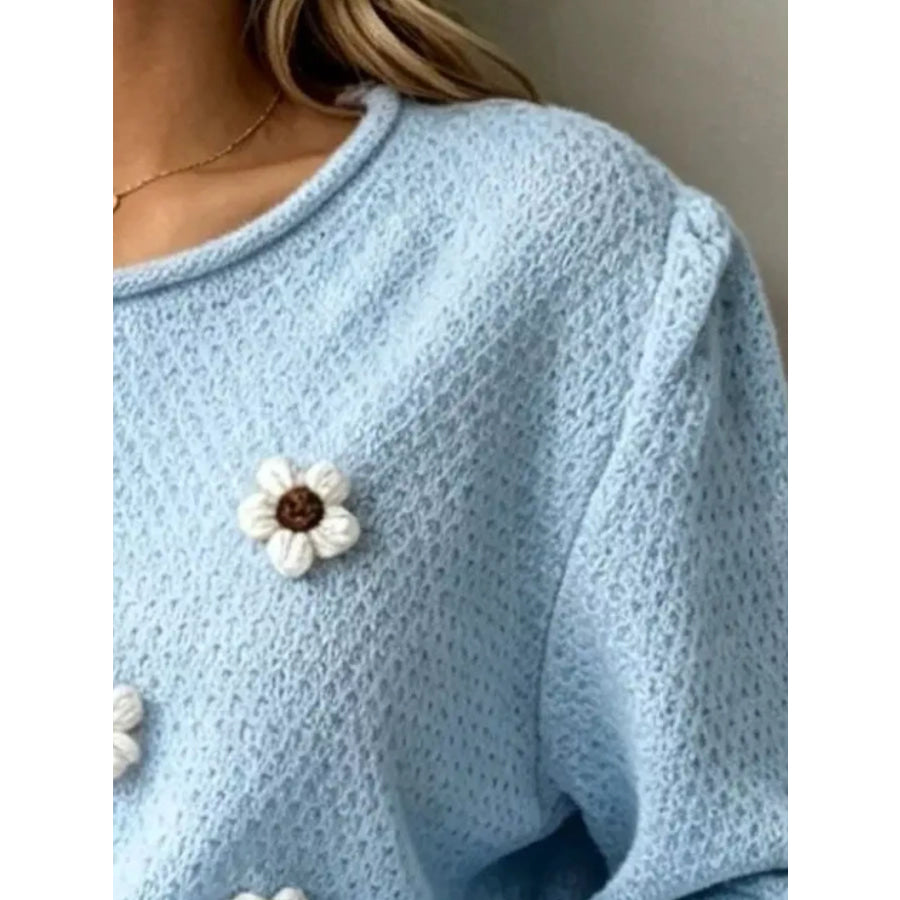 Full Size Floral Applique Textured Knit Sweater Plus Size Apparel and Accessories
