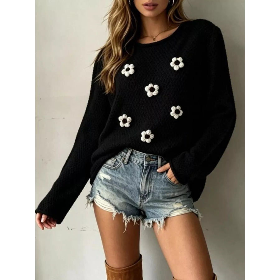 Full Size Floral Applique Textured Knit Sweater Plus Size Black / S Apparel and Accessories