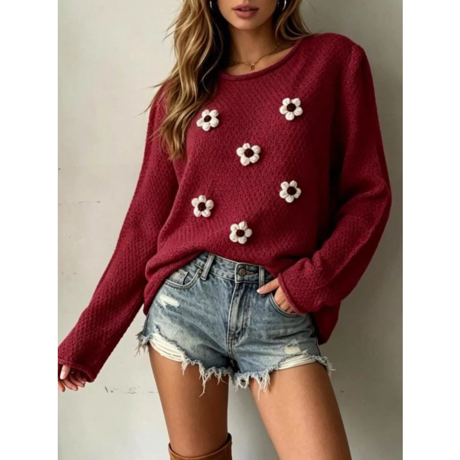Full Size Floral Applique Textured Knit Sweater Plus Size Burgundy / S Apparel and Accessories