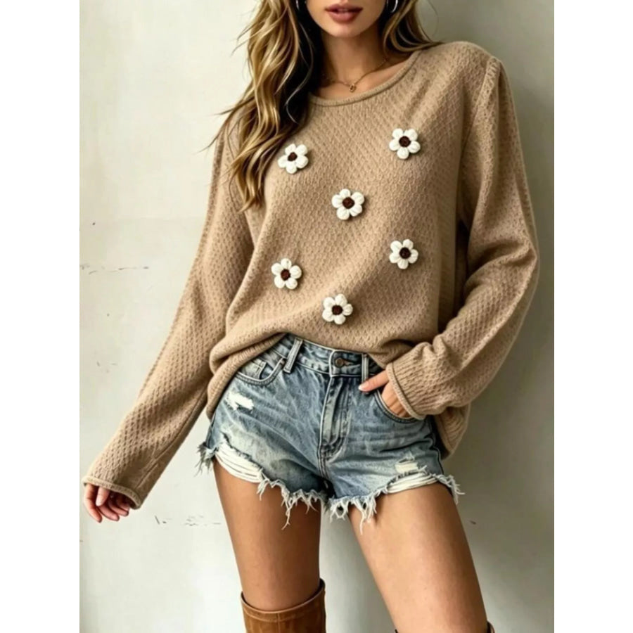 Full Size Floral Applique Textured Knit Sweater Plus Size Khaki / S Apparel and Accessories