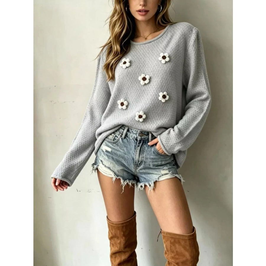 Full Size Floral Applique Textured Knit Sweater Plus Size Light Gray / S Apparel and Accessories