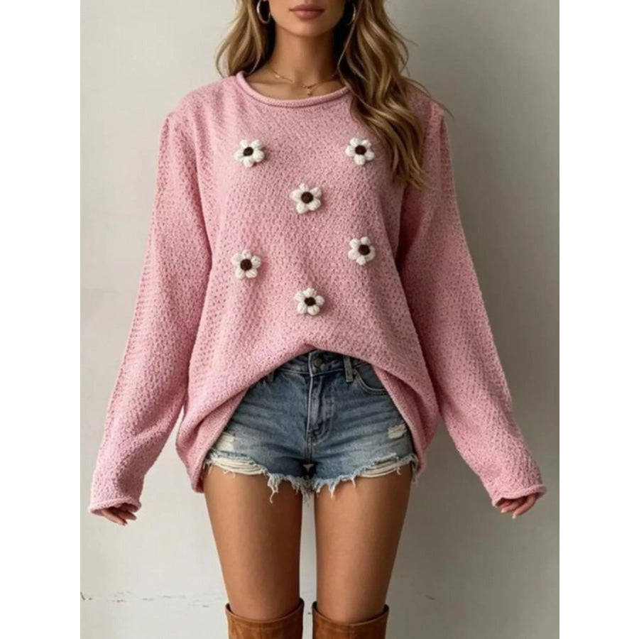 Full Size Floral Applique Textured Knit Sweater Plus Size Pink / S Apparel and Accessories