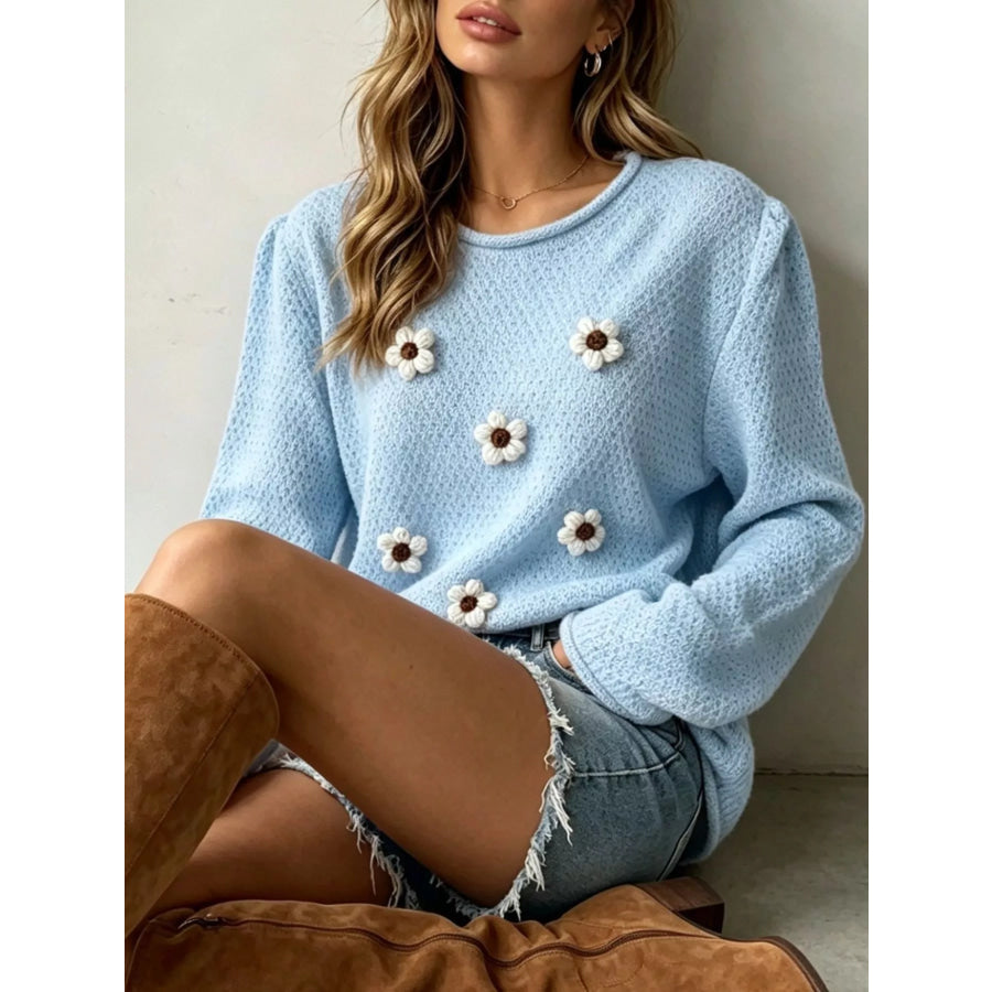 Full Size Floral Applique Textured Knit Sweater Plus Size Sky Blue / S Apparel and Accessories