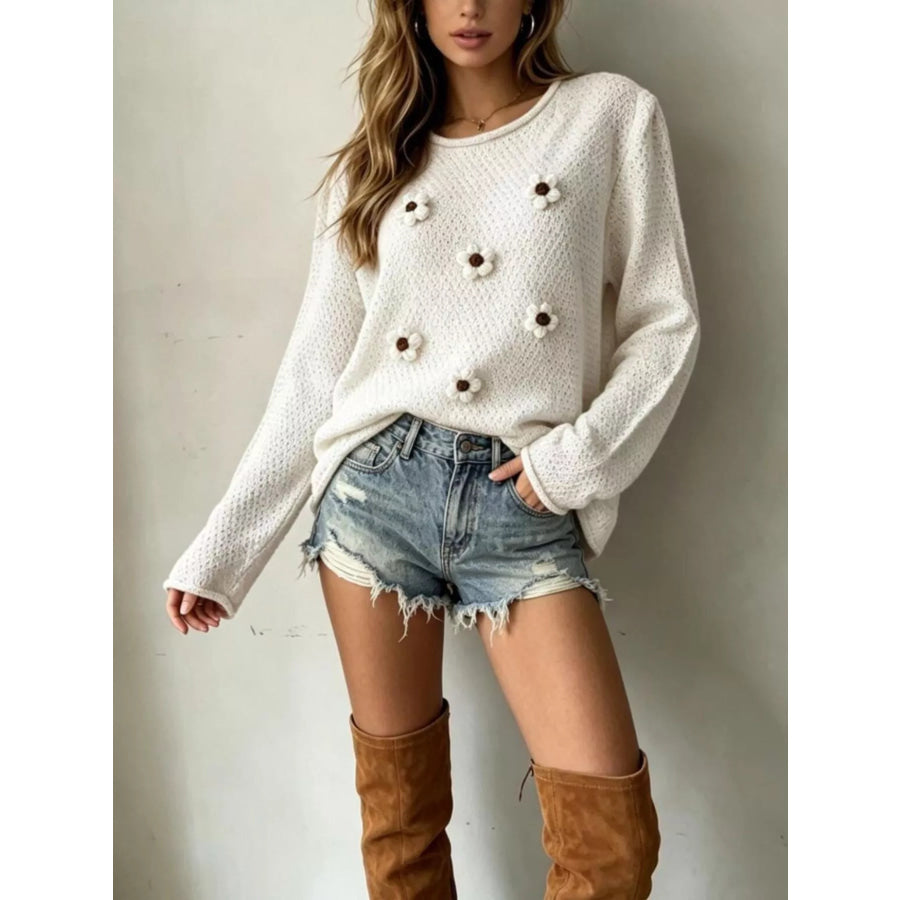 Full Size Floral Applique Textured Knit Sweater Plus Size White / S Apparel and Accessories