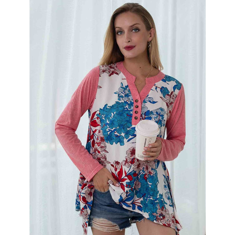 Full Size Floral Buttoned Notched Neck Top Blush Pink / S