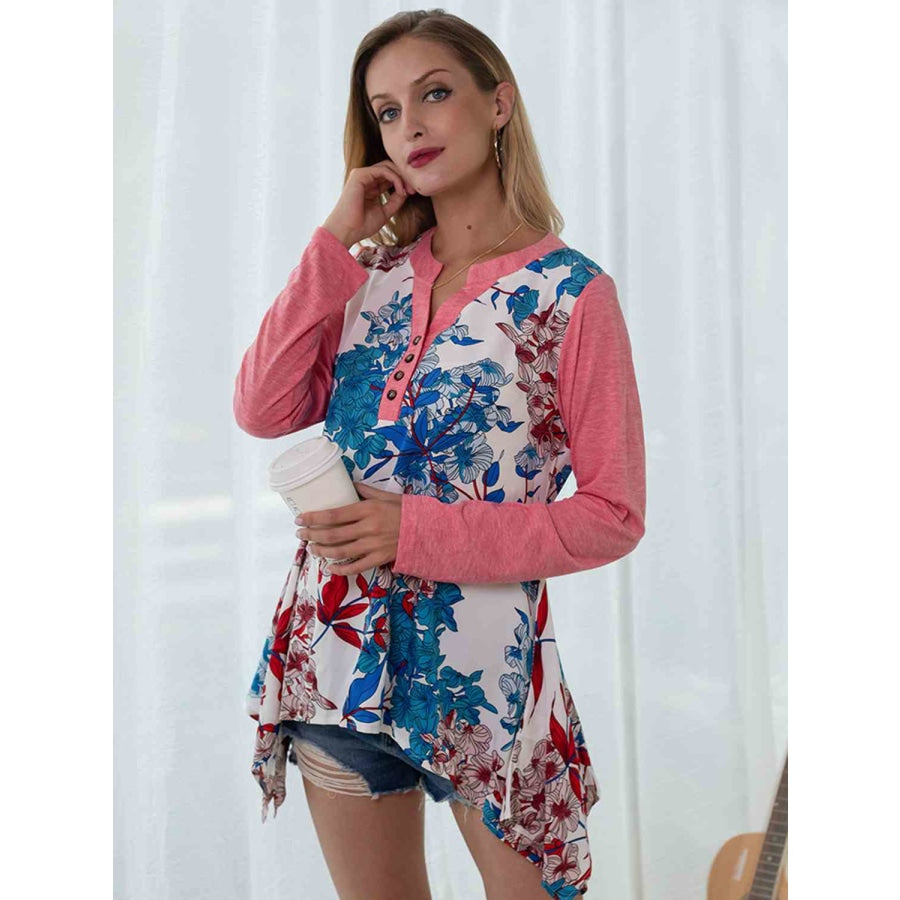 Full Size Floral Buttoned Notched Neck Top