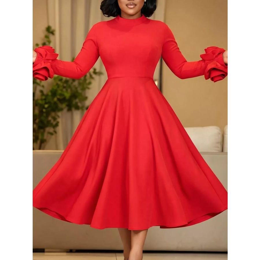 Full Size Floral Cuff Detail Long-Sleeve Midi Dress Plus Apparel and Accessories