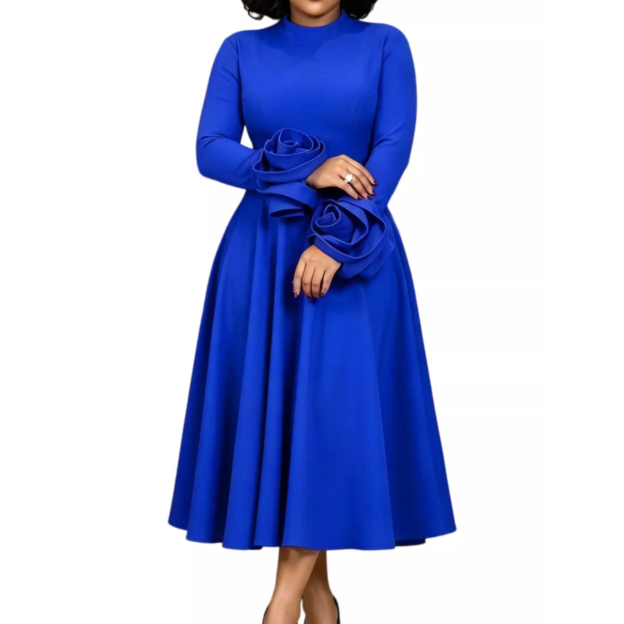 Full Size Floral Cuff Detail Long-Sleeve Midi Dress Plus Apparel and Accessories